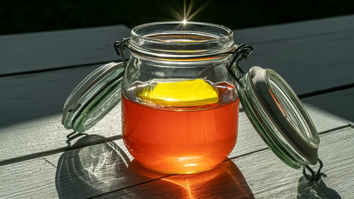 Symbolbild: Ein offenes Bügelglas mit Honig steht unberührt in der Sonne auf einem Holztisch